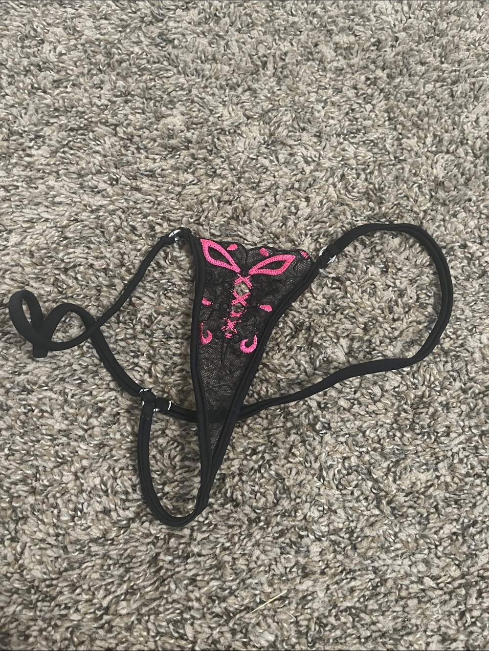 Black Lace Thong with Pink Embroidered Accents - Women's Intimates